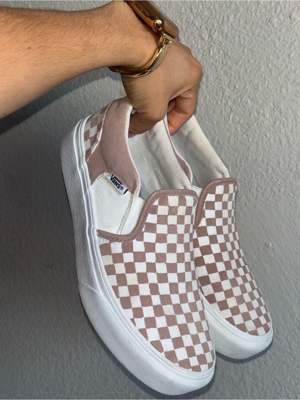 Vans Checkered Slip-On Platform Sneakers - Mauve & White Handpainted